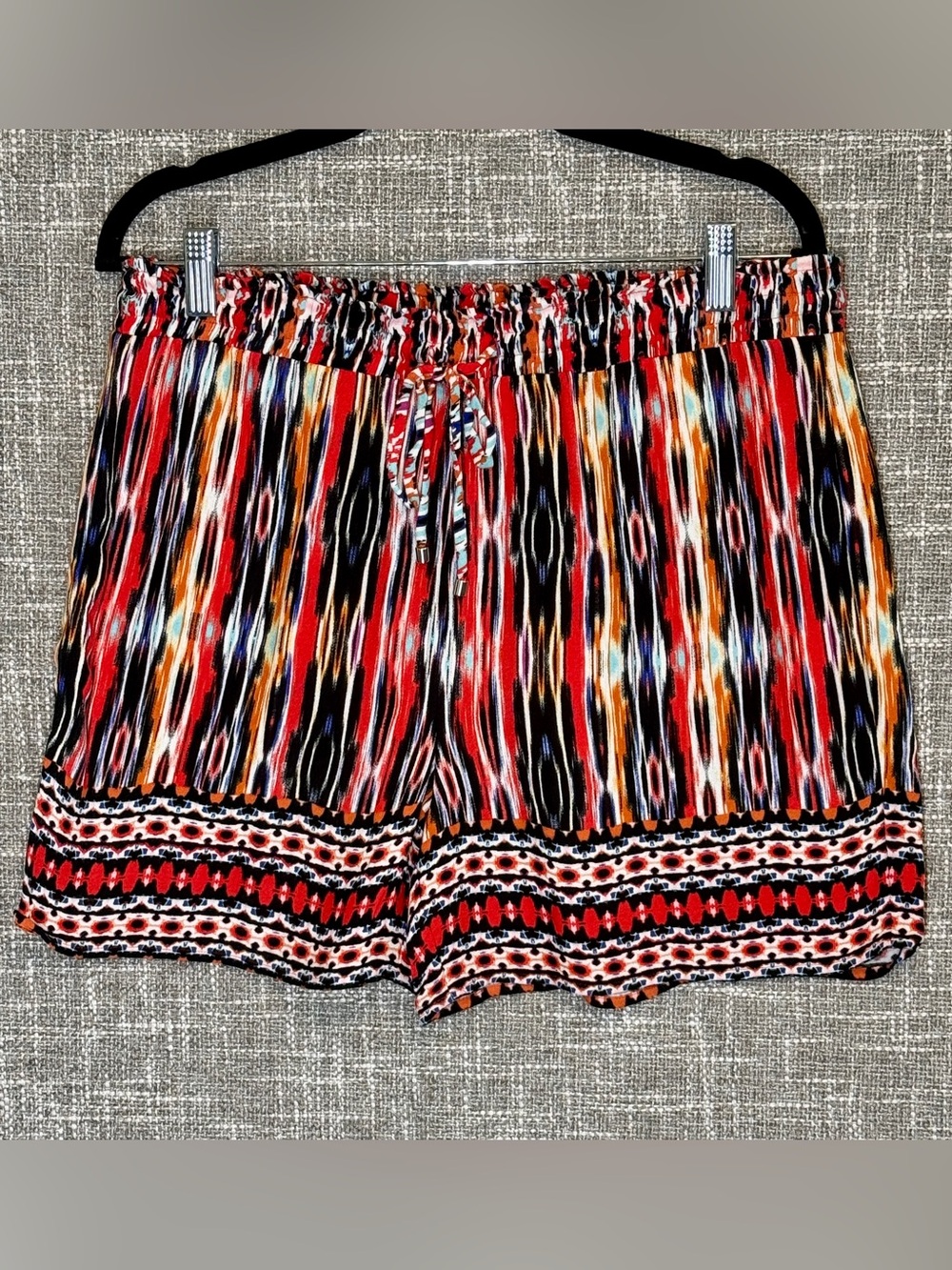 Ella Moss Multi-Color Ikat Stripe Drawstring Shorts — Red, Black, Orange, Cream